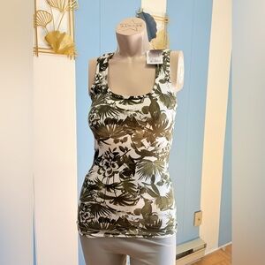 Tropical Print Ribbed Tank Top - Olive & White